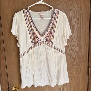Knox Rose Cream Boho Embroidered V-Neck Top